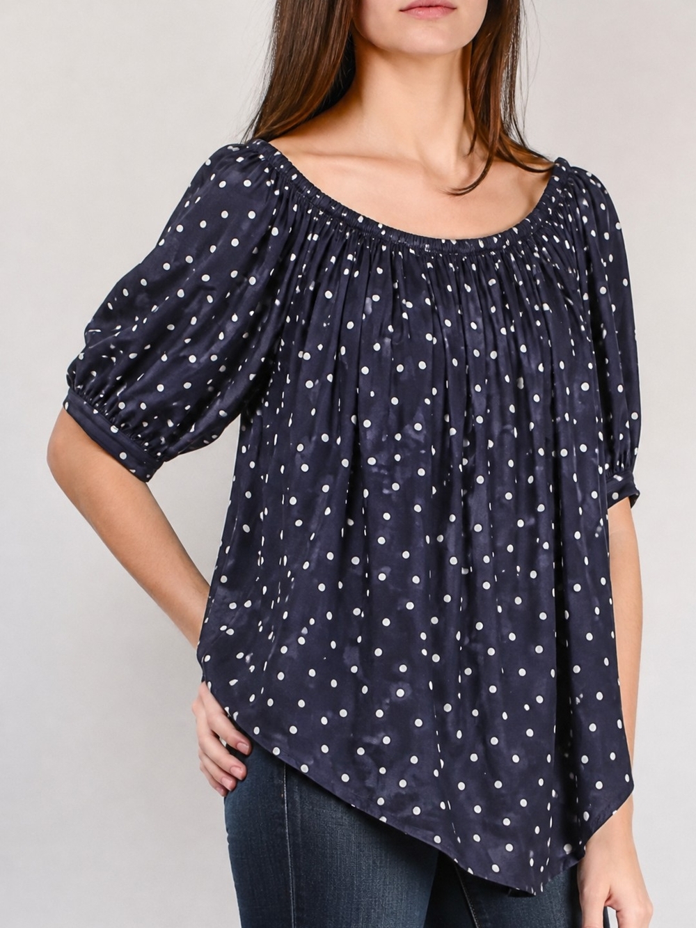 Smythe Navy and White Polka Dot Off-Shoulder Blouse